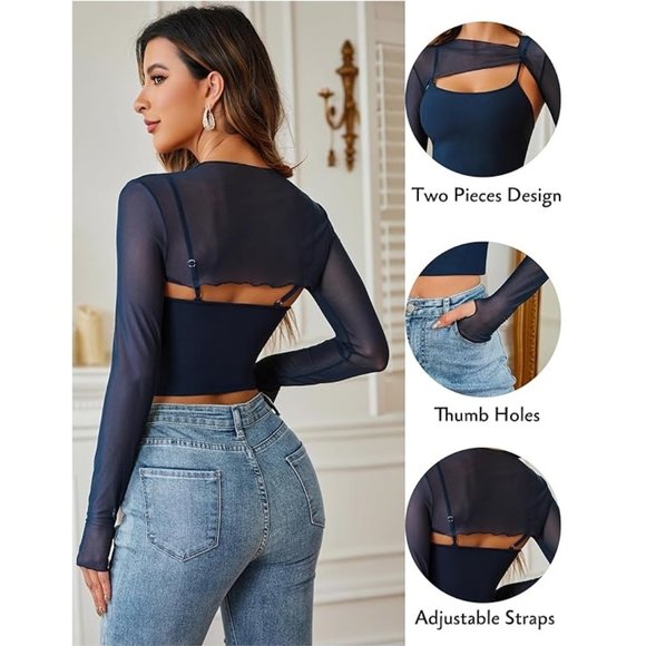 Navy Blue Long Sleeve Mesh Crop Top Solid Cover Up with Spaghetti Strap Cami Top - Picture 3 of 3